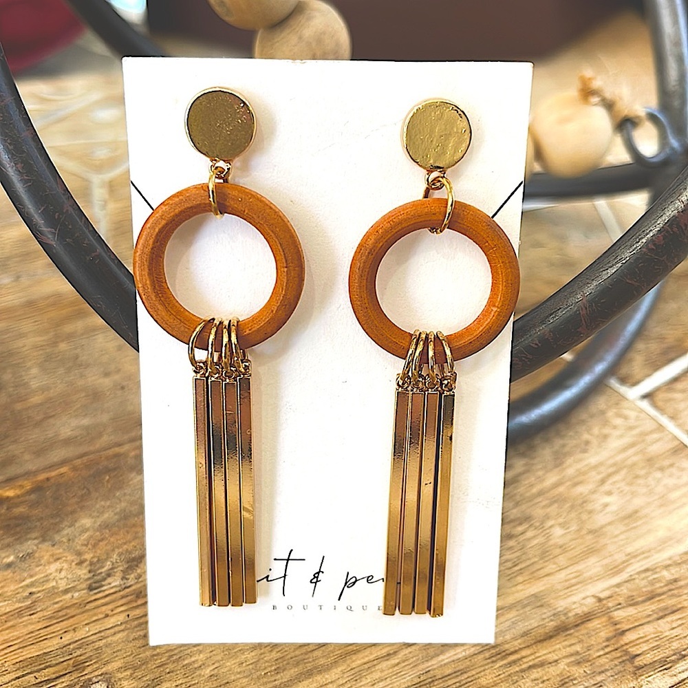 Wood & Gold Statement Drop Earrings